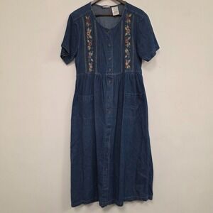 Vintage Erika & Co Womens Denim Jumper Dress Size M Blue Embroidered Daisy Cinch